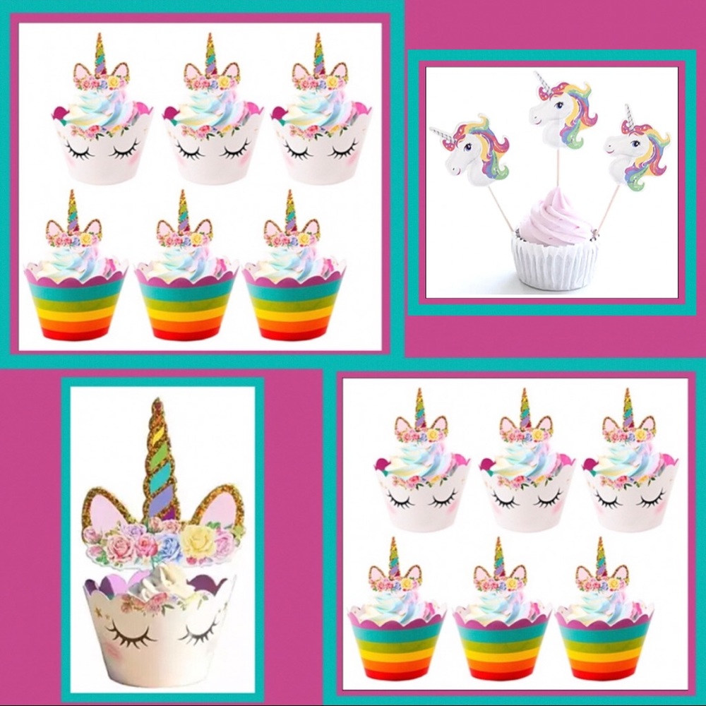 Unicorn & Rainbow Cupcake Toppers & Wrappers NWT - Picture 2 of 7